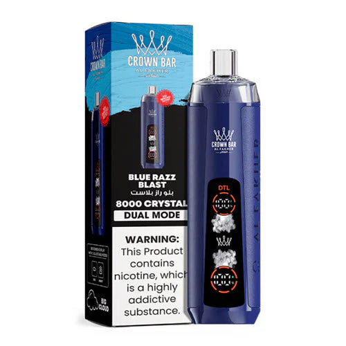 CROWN BAR AL FAKHAR CRYSTAL BLUE RAZZ BLAST 18ML E-LIQUID 5% NIC RECHARGEABLE DISPOSABLE VAPE 8000 PUFFS 5 COUNT BOX