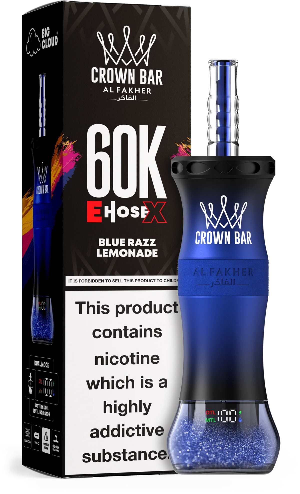 CROWN BAR AL FAKHER BLUE RAZZ LEMONADE E-HOSE X DISPOSABLE 60K PUFFS 5 COUNT BOX