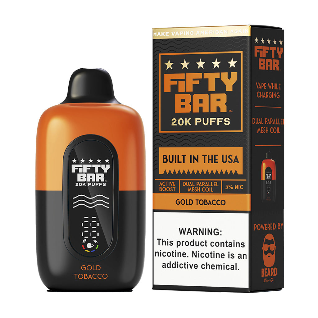 FIFTY BAR GOLD TOBACCO 18ML 5% NIC RECHARGEABLE DISPOSABLE VAPE 20K PUFFS 5 COUNT BOX