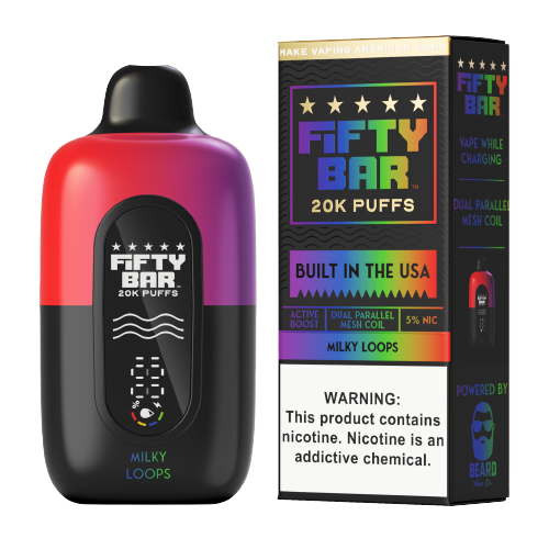 FIFTY BAR MILKY LOOPS 18ML 5% NIC RECHARGEABLE DISPOSABLE VAPE 20K PUFFS 5 COUNT BOX
