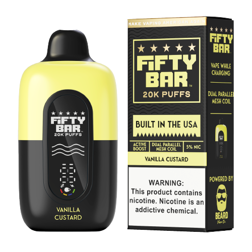 FIFTY BAR VANILLA CUSTURD 18ML 5% NIC RECHARGEABLE DISPOSABLE VAPE 20K PUFFS 5 COUNT BOX