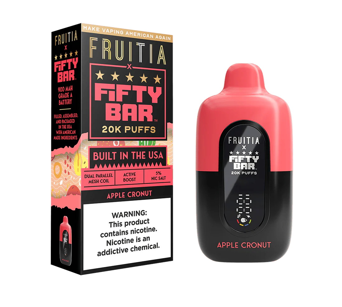 FRUITIA X FIFTY BAR APPLE CRONUT 18ML 5% NIC RECHARGEABLE DISPOSABLE VAPE 20K PUFFS 5 COUNT BOX