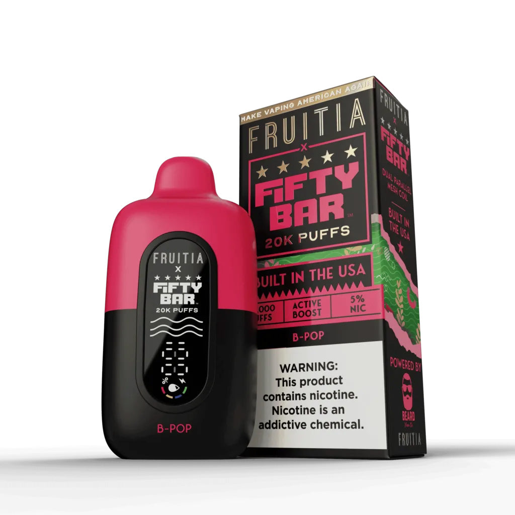 FRUITIA X FIFTY BAR B-POP 18ML 5% NIC RECHARGEABLE DISPOSABLE VAPE 20K PUFFS 5 COUNT BOX