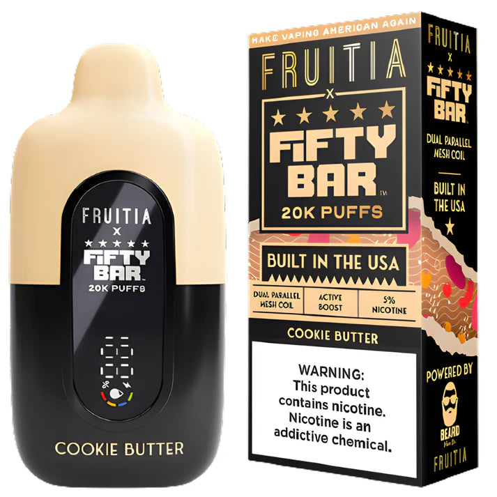 FRUITIA X FIFTY BAR COOKIE BUTTER 18ML 5% NIC RECHARGEABLE DISPOSABLE VAPE 20K PUFFS 5 COUNT BOX