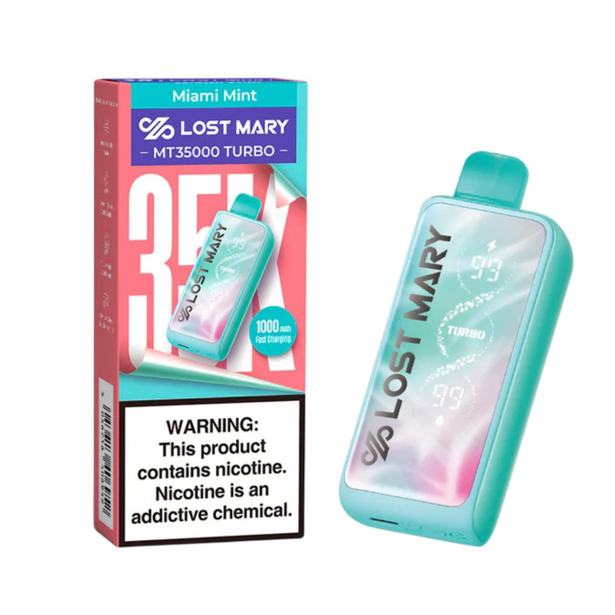 LOST MARY MT35K TURBO MIAMI MINT 5% NIC RECHARGEABLE DISPOSABLE VAPE 35K PUFFS 5 COUNT BOX