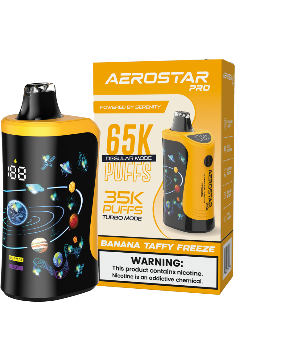SERENITY HEMP - AEROSTAR PRO BANANA TAFFY FREEZE 5% NIC RECHARGEABLE DISPOSABLE VAPE 65K PUFFS 5 COUNT BOX