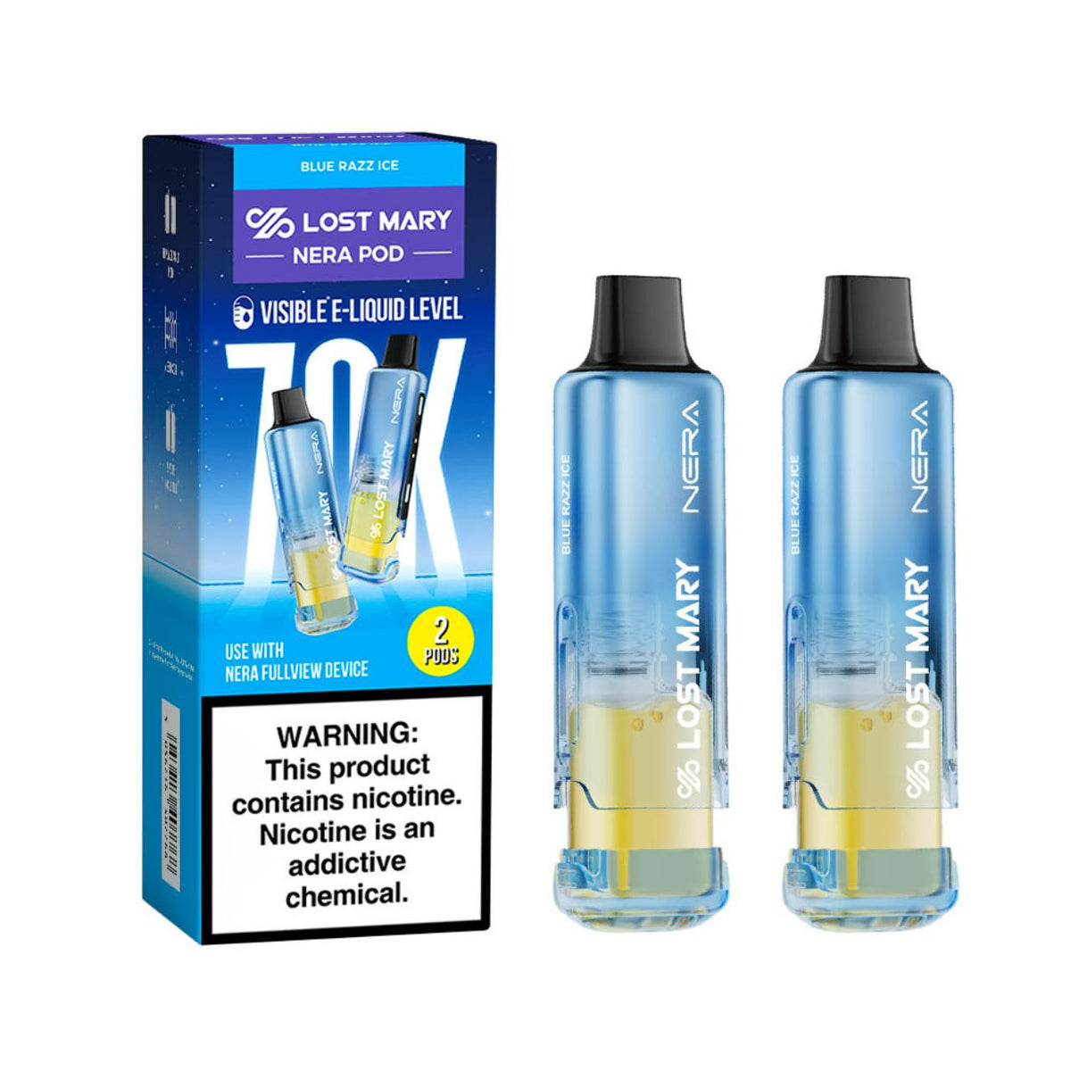 LOST MARY NERA FULLVIEW BLUE RAZZ ICE 24ML 5% NIC PACK OF 2 PRE-FILLED REPLACEMENT PODS 70K PUFFS  5 COUNT BOX