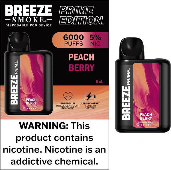 BREEZE SMOKE PRIME PEACH BERRY 5% NIC 10ML E-LIQUID DISPOSABLE VAPE 6000 PUFFS 5 COUNT BOX