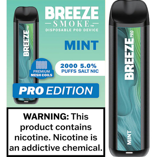 BREEZE SMOKE PRO MINT 5% NIC 6ML E- LIQUID DISPOSABLE VAPE 10 COUNT BOX 2000 PUFFS