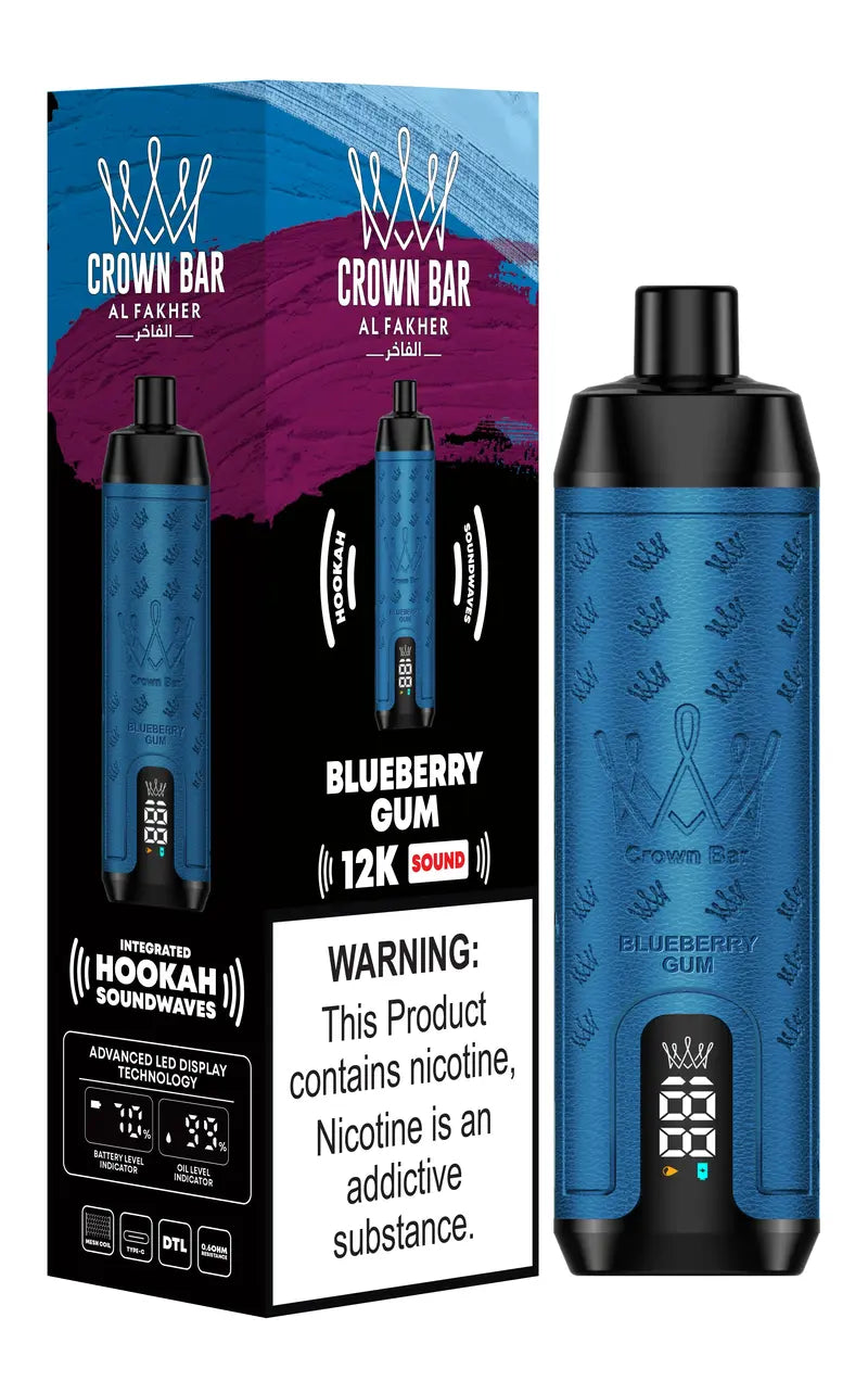 CROWN BAR AL FAKHER BLUEBERRY GUM 20ML E-LIQUID 5% NIC RECHARGEABLE DISPOSABLE VAPE 12K PUFFS 5 COUNT PACK