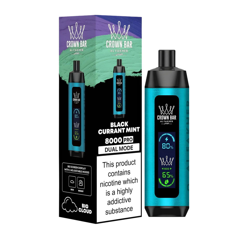CROWN BAR AL FAKHAR BLACK CURRANT MINT 18ML 5% NIC RECHARGEABLE DISPOSABLE VAPE 8000 PUFFS 5 COUNT BOX