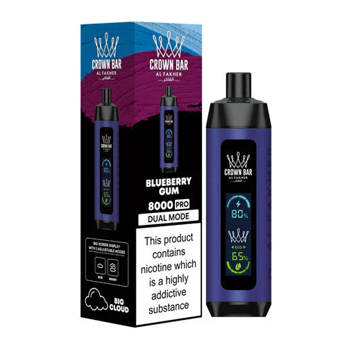 CROWN BAR AL FAKHAR CRYSTAL BLUEBERRY GUM 18ML E-LIQUID 5% NIC RECHARGEABLE DISPOSABLE VAPE 8000 PUFFS 5 COUNT BOX