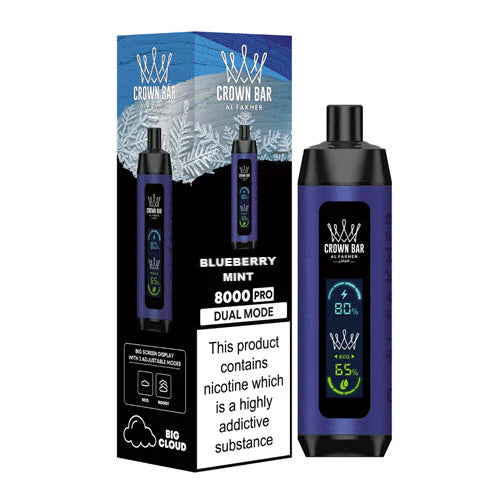 CROWN BAR AL FAKHAR CRYSTAL BLUEBERRY MINT 18ML E-LIQUID 5% NIC RECHARGEABLE DISPOSABLE VAPE 8000 PUFFS 5 COUNT BOX