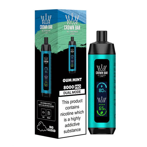 CROWN BAR AL FAKHAR CRYSTAL GUM MINT 18ML E-LIQUID 5% NIC RECHARGEABLE DISPOSABLE VAPE 8000 PUFFS 5 COUNT BOX