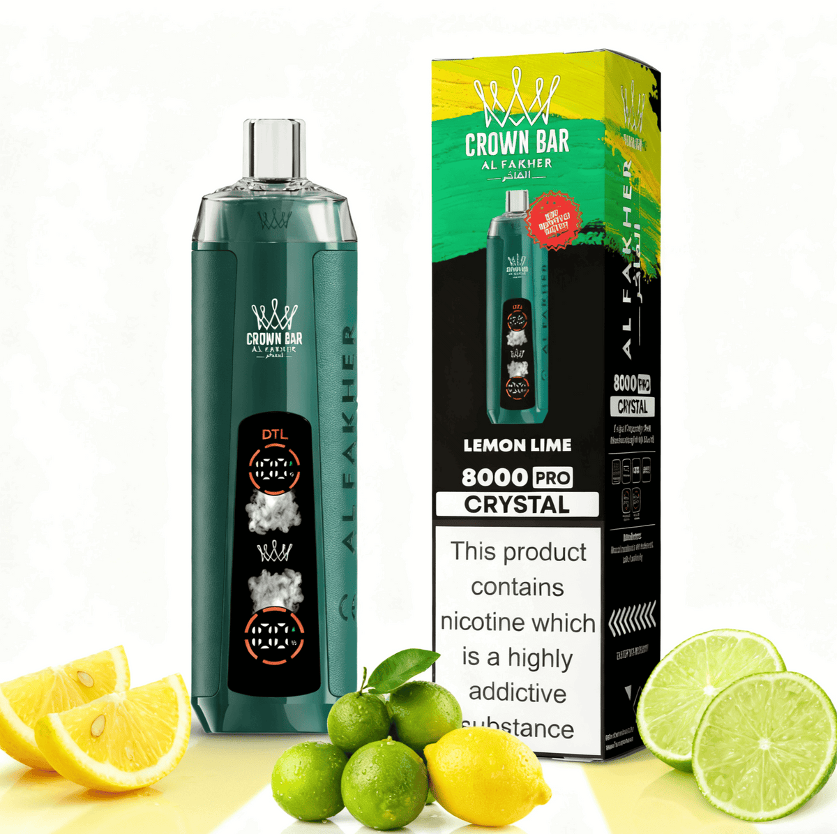 CROWN BAR AL FAKHAR CRYSTAL LEMON LIME 18ML E-LIQUID 5% NIC RECHARGEABLE DISPOSABLE VAPE 8000 PUFFS 5 COUNT BOX