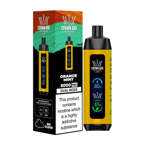 CROWN BAR AL FAKHAR CRYSTAL ORANGE MINT 18ML E-LIQUID 5% NIC RECHARGEABLE DISPOSABLE VAPE 8000 PUFFS 5 COUNT BOX