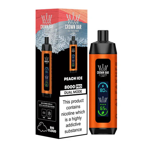 CROWN BAR AL FAKHAR CRYSTAL PEACH ICE 18ML E-LIQUID 5% NIC RECHARGEABLE DISPOSABLE VAPE 8000 PUFFS 5 COUNT BOX