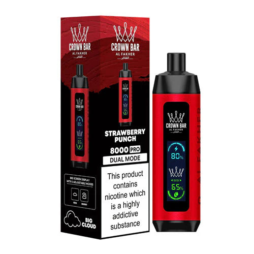 CROWN BAR AL FAKHAR CRYSTAL STRAWBERRY PUNCH 18ML E-LIQUID 5% NIC RECHARGEABLE DISPOSABLE VAPE 8000 PUFFS 5 COUNT BOX