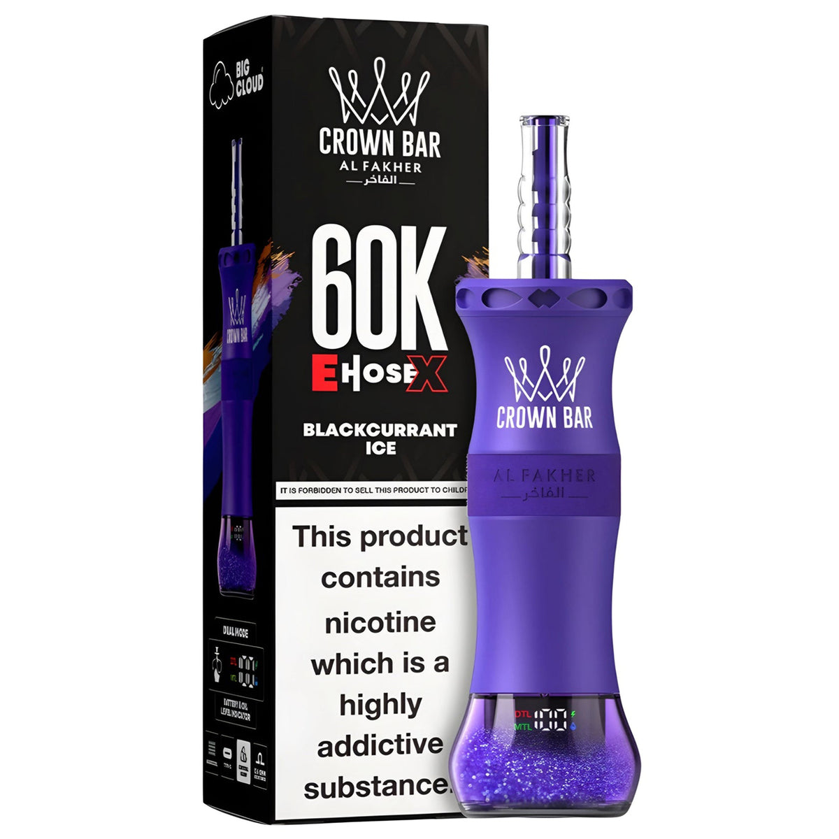CROWN BAR AL FAKHER BLACKCURRANT ICE E-HOSE X DISPOSABLE 60K PUFFS 5 COUNT BOX