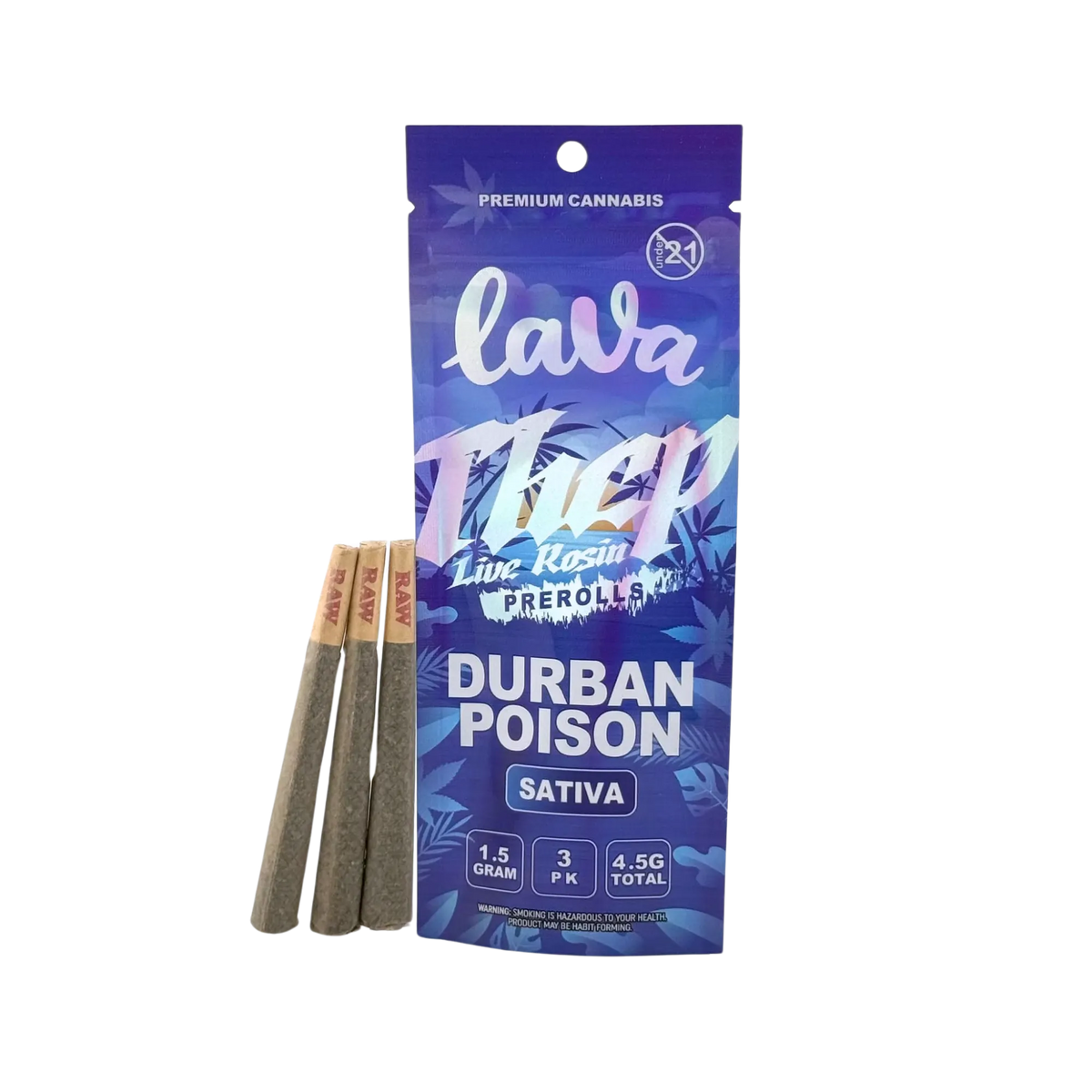 LAVA THCP LIVE ROSIN PREROLLS 1.5GM 3PK-DURBAN POISON (SATIVA)