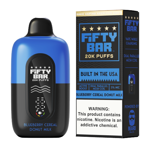 FIFTY BAR BLUEBERRY CEREAL DONUT MILK 18ML 5% NIC RECHARGEABLE DISPOSABLE VAPE 20K PUFFS 5 COUNT BOX