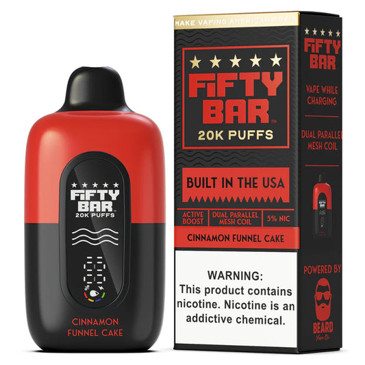 FIFTY BAR CINNAMON FUNNEL CAKE 18ML 5% NIC RECHARGEABLE DISPOSABLE VAPE 20K PUFFS 5 COUNT BOX