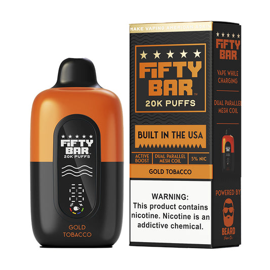 FIFTY BAR GOLD TOBACCO 18ML 5% NIC RECHARGEABLE DISPOSABLE VAPE 20K PUFFS 5 COUNT BOX