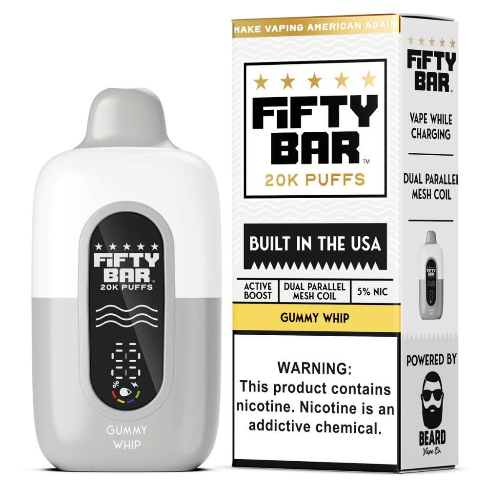 FIFTY BAR GUMMY WHIP 18ML 5% NIC RECHARGEABLE DISPOSABLE VAPE 20K PUFFS 5 COUNT BOX