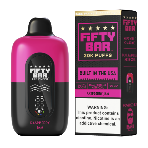 FIFTY BAR RASPBERRY JAM 18ML 5% NIC RECHARGEABLE DISPOSABLE VAPE 20K PUFFS 5 COUNT BOX
