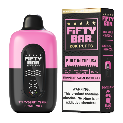FIFTY BAR STRAWBERRY CEREAL DONUT MILK 18ML 5% NIC RECHARGEABLE DISPOSABLE VAPE 20K PUFFS 5 COUNT BOX