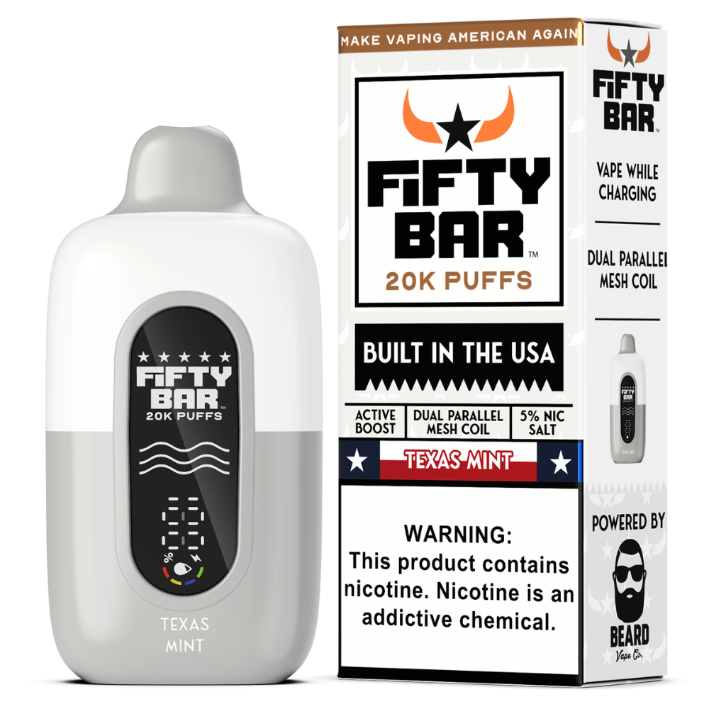 FIFTY BAR TEXAS MINT 18ML 5% NIC RECHARGEABLE DISPOSABLE VAPE 20K PUFFS 5 COUNT BOX