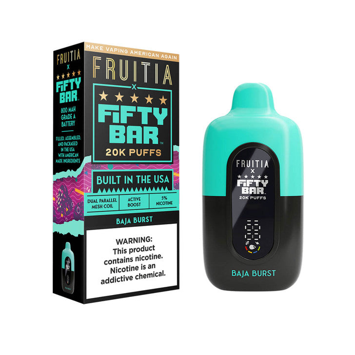 FRUITIA X FIFTY BAR BAJA BURST 18ML 5% NIC RECHARGEABLE DISPOSABLE VAPE 20K PUFFS 5 COUNT BOX