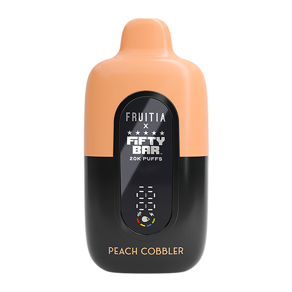 FRUITIA X FIFTY BAR PEACH COBBLER 18ML 5% NIC RECHARGEABLE DISPOSABLE VAPE 20K PUFFS 5 COUNT BOX