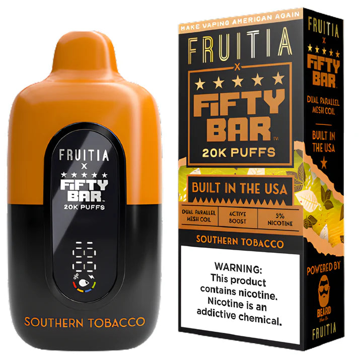 FRUITIA X FIFTY BAR SOUTHERN TOBACCO 18ML 5% NIC RECHARGEABLE DISPOSABLE VAPE 20K PUFFS 5 COUNT BOX