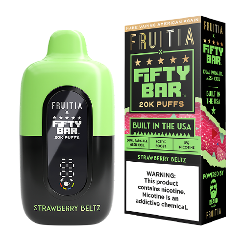 FRUITIA X FIFTY BAR STRAWBERRY BELTZ 18ML 5% NIC RECHARGEABLE DISPOSABLE VAPE 20K PUFFS 5 COUNT BOX