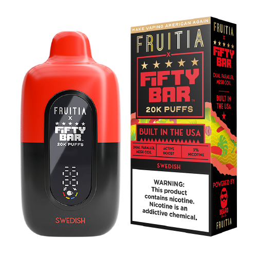 FRUITIA X FIFTY BAR SWEDISH 18ML 5% NIC RECHARGEABLE DISPOSABLE VAPE 20K PUFFS 5 COUNT BOX