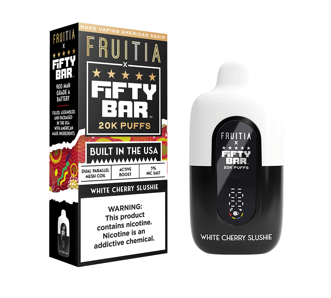 FRUITIA X FIFTY BAR WHITE CHERRY SLUSHIE 18ML 5% NIC RECHARGEABLE DISPOSABLE VAPE 20K PUFFS