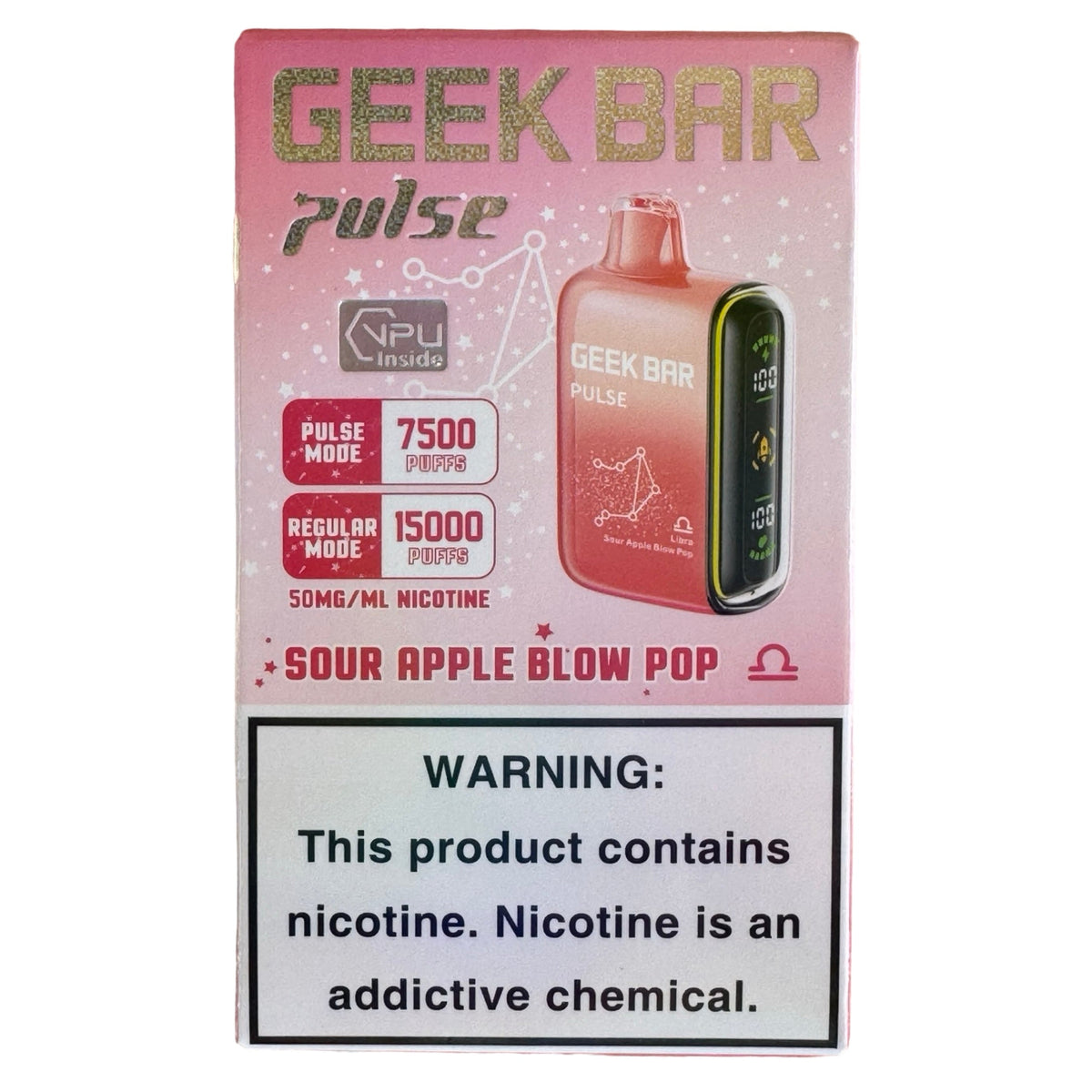 GEEK BAR PLUSE SOUR APPLE BLOW POP 16ML E-LIQUID 5% NIC RECHAREABLE DISPOSABLE VAPE 15K PUFFS 5 COUNT PACK