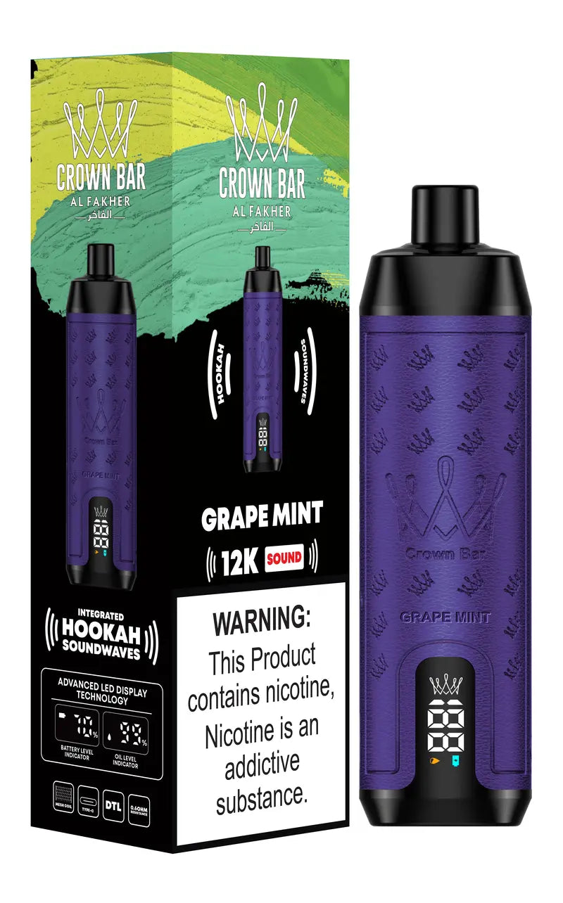 CROWN BAR AL FAKHER GRAPE MINT 20ML E-LIQUID 5% NIC RECHARGEABLE DISPOSABLE VAPE 12K PUFFS