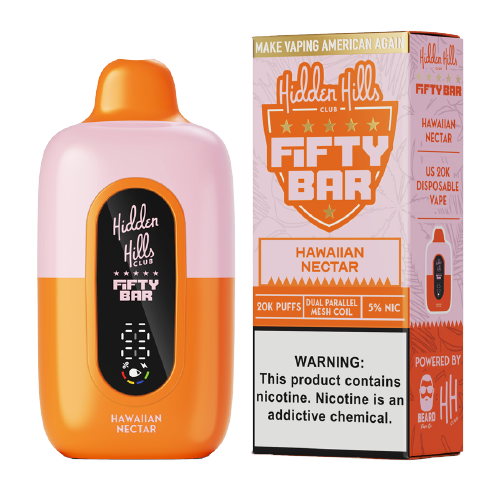 HIDDEN HILLS X FIFTY BAR HAWAIN NECTAR 18ML 5% NIC RECHARGEABLE DISPOSABLE VAPE 20K PUFFS 5 COUNT BOX