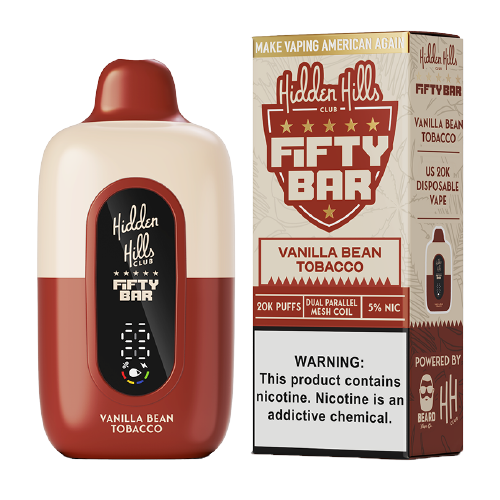 HIDDEN HILLS X FIFTY BAR VANILLA BEAN TOBACCO 18ML 5% NIC RECHARGEABLE DISPOSABLE VAPE 20K PUFFS 5 COUNT BOX