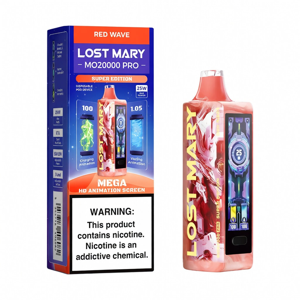 LOST MARY MO20000 PRO RED WAVE 18ML E-LIQUID 5% NIC RECHARGEABLE DISPOSABLE VAPE 20K PUFFS 5 COUNT BOX