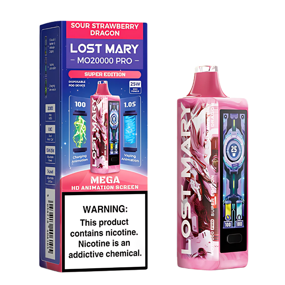 LOST MARY MO20000 PRO SOUR STRAWBERRY DRAGON 18ML E-LIQUID 5% NIC RECHARGEABLE DISPOSABLE VAPE 20K PUFFS 5 COUNT BOX