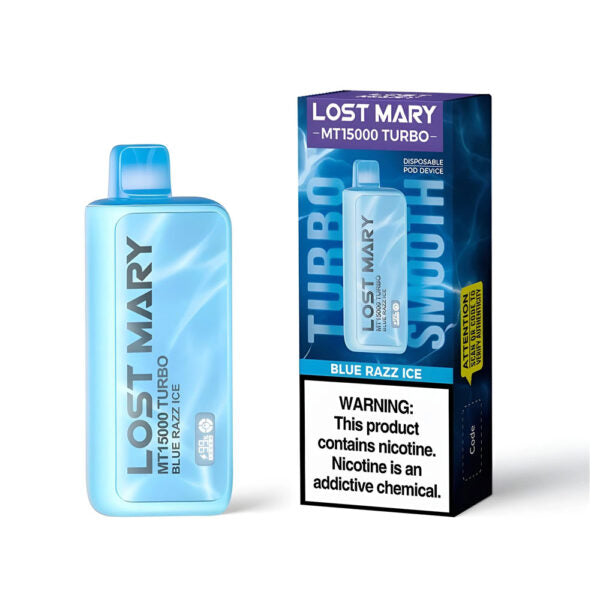 LOST MARY MT15000 TURBO BLUE RAZZ ICE 16ML E-LIQUID 5% NIC RECHARGEABLE DISPOSABLE VAPE 15K PUFFS 5 COUNT BOX