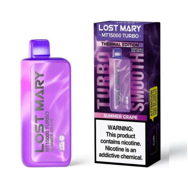 LOST MARY MT15000 TURBO SUMMER GRAPE 16ML E-LIQUID 5% NIC RECHARGEABLE DISPOSABLE VAPE 15K PUFFS 5 COUNT BOX