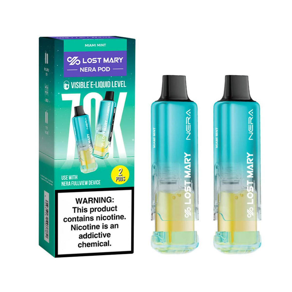 LOST MARY NERA FULLVIEW MIAMI MINT 24ML 5% NIC PACK OF 2 PRE-FILLED REPLACEMENT PODS 70K PUFFS  5 COUNT BOX