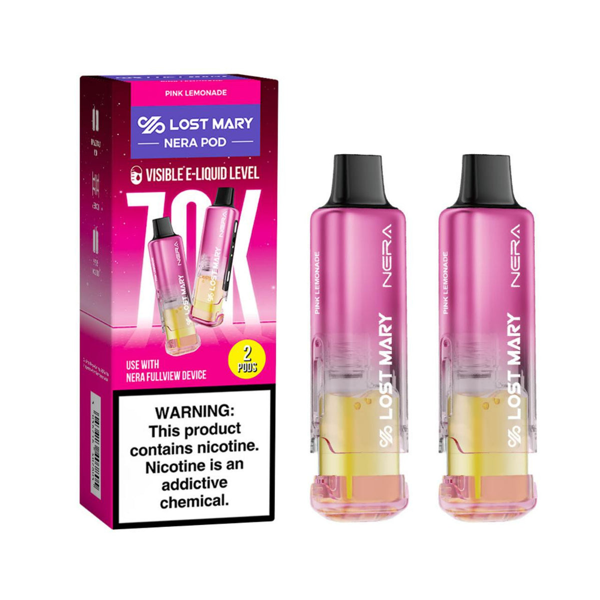 LOST MARY NERA FULLVIEW PINK LEMONADE 24ML 5% NIC PACK OF 2 PRE-FILLED REPLACEMENT PODS 70K PUFFS  5 COUNT BOX