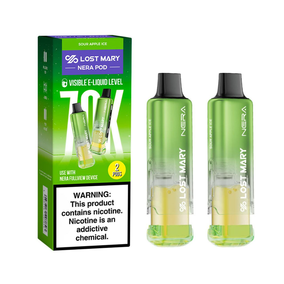 LOST MARY NERA FULLVIEW SOUR APPLE ICE 24ML 5% NIC PACK OF 2 PRE-FILLED REPLACEMENT PODS 70K PUFFS  5 COUNT BOX