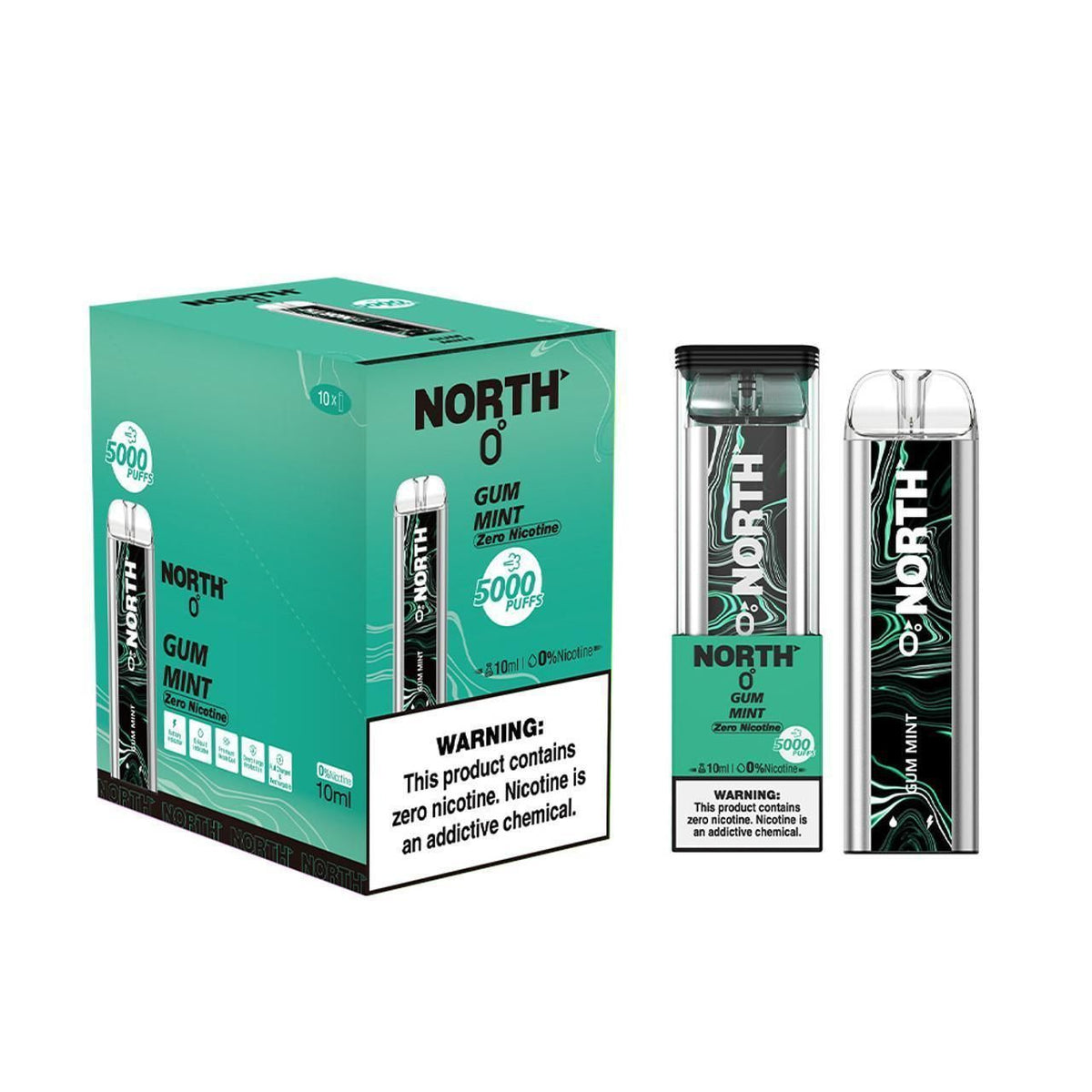 NORTH GUM MINT 10ML 0% NIC RECHEARGEABLE DISPOIABLE VAPE 5000 PUFFS 10 COUNT BOX
