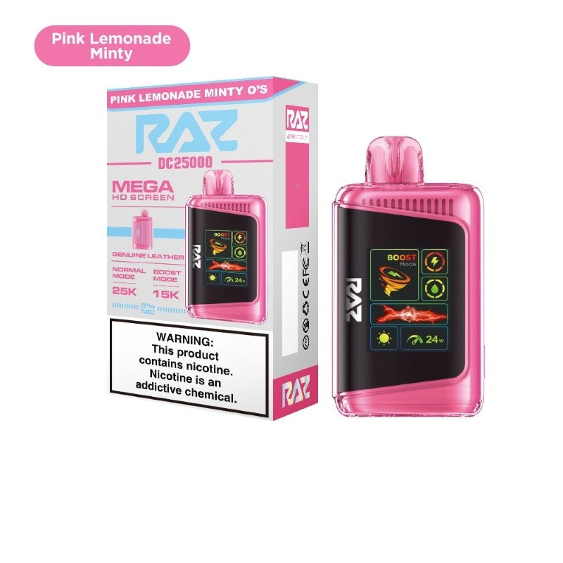 RAZ DC25000 PINK LEMONADE MINTY 16ML E-LIQUID 5% NIC RECHARGEABLE DISPOSABLE VAPE 25K PUFFS 5 COUNT BOX